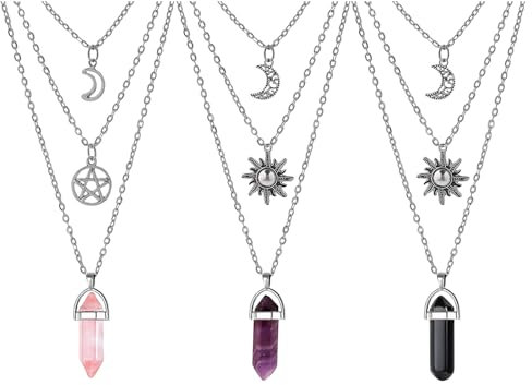 TYXHXTF 3 Stücke Sechseckige Kristall-Anhänger mit Ketten, Y2k Accessoires, Goth Hexen Halskette, Sechseck Anhänger Halsketten, Bunten Heilkristallen Chakra, Goth Hexen Halskette