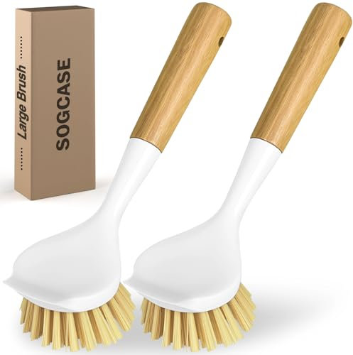 SOGCASE Dish Brush, Large Scrub Brush with Bamboo Handle Kitchen Brushes Built-in Scraper for Cleaning Pot, Sink, Stove Skillet, Pans and Grill Pan - 2 Pack