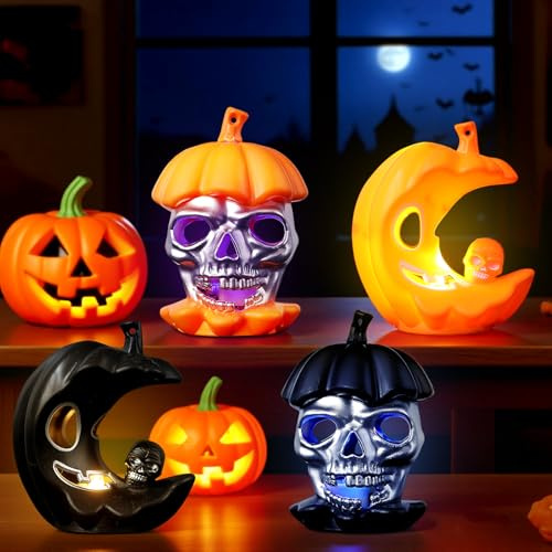4 Stück Halloween Dekoration, LED Kürbis Deko, Leuchtende Kürbisse Lichter, Schädel Kürbisse LED Laterne, Gesicht Kürbislantern, Halloween Kürbis Lampe für Halloweendeko Tischdeko Party