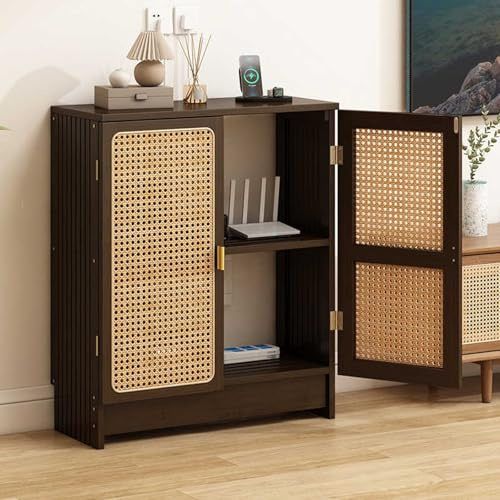 HARELA WiFi Router Storage Rattan Cabinet Hidden Box, Floor Freestanding Cabinets Organizer, Power Strip and Cable Management Hider Organizer for Home and Office(Dark brown,80x70x25cm)