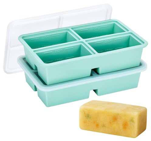 2 Pack Silicone Soup Freezer Tray with Lid, Silicone Freezer Moulds,Soup Freezer Containers,Container for Storing and Freezing Soup,Broth,Sauce and Ice,Large 4-Compartment Freezer Container (Green)