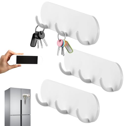 HUSOUE 3 Stück Magnetischer Schlüsselhaken, Schlüsselhalter mit 3 Haken Schlüsselbrett Ohne Bohren für Kühlschrank Küche und Waschküche (Weiß)