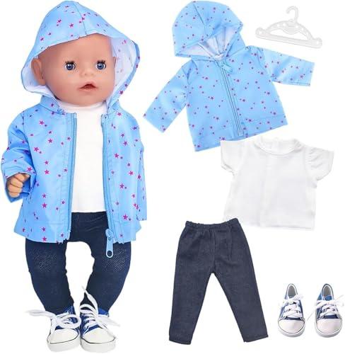 Zouonou Puppenkleidung 35-45 cm, 5 Stück Puppen Outfits | mit Blauer Sternenjacke, T-Shirt, Hose, blauen Schuhen & weißem Kleiderbügel, Kleidung Zubehör für Babypuppen