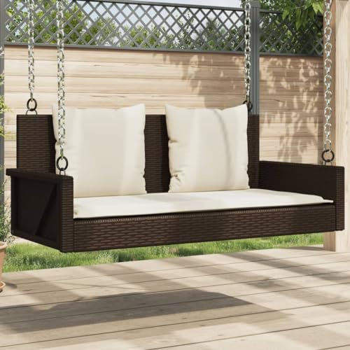 Bucmath Hängebank mit Kissen Braun 119x56x48 cm, wetterfestes Poly Rattan, robuste Hollywoodschaukel für Garten und Terrasse, inklusive cremeweißer Polsterung