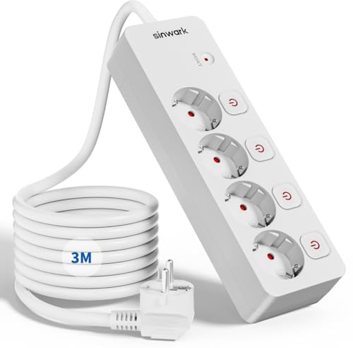 Sinwark Steckdosenleiste Einzeln Schaltbar 4fach, Power Strips, mit üBerspannungsschutz，with Child Safety Lock,Thickened and Widened Conductive Sheet,16 A/250V/3680 W,White (3M)