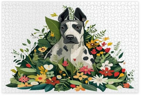 Spring Great Dane Dog Jigsaw Puzzles for Adults 10000 Piece, Fun Plant Flower Puppy Wooden Puzzles, Cute Leaf Pet Printed Decor for Entertainment Creative