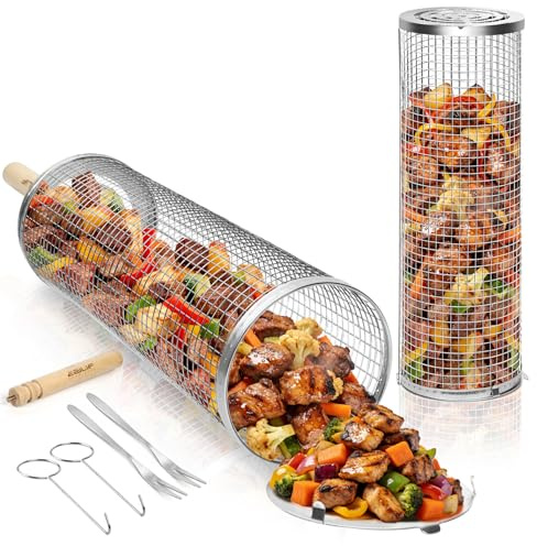 Ezilif Rollendes Grillkorb Set 304 Edelstahl mit Abnehmbarem Holzgriff | Grill Zubehör für Gemüse | Fleisch und Meeresfrüchte, Einsetzbar für Holzkohlegrill, Gasgrill, Camping Gadgets