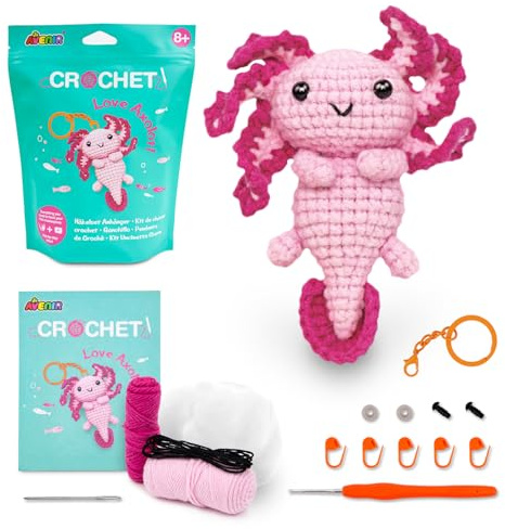 Avenir 6301973 DIY Axolotl-Anhänger, Anfänger-Häkelset für Erwachsene und Kinder ab 8 Jahren, Bastelgeschenk | Komplettes Zubehör, Video-Tutorial, tragbares Bastelgeschenk für Teenager und Mädchen
