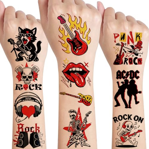 Rock n Roll Temporäre Tattoos Set – 10 Bögen Wasserfest Fake Tattoos mit Punk, Rockstar,Gitarre,Totenkopf & Rosen – Ideal für Musikfestivals,Geburtstagspartys,Partys & Kostüme für Kinder & Erwachsene