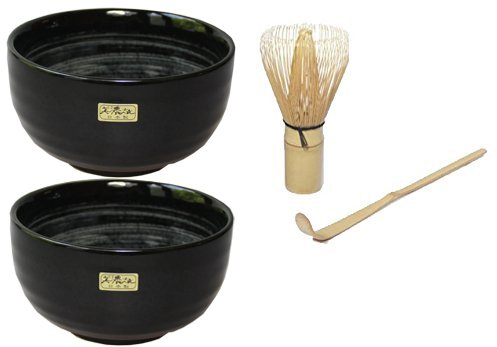 Quertee - Matcha Set - 2 x Original japanische Matcha Schale Aqua - 400 ml PLUS Matcha Besen Chasen - Matchabesen PLUS Matcha Bambuslöffel Chashaku