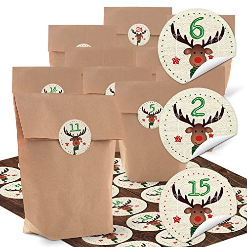 Logbuch-Verlag 24 Adventkalender Tüten zum Befüllen mit Zahlensticker Hirsch Weihnachtskalender für Kinder 14 x 22 cm