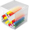 Deflecto Aufbewahrungsbox Cube, 4 Fächer mit X-Trennung, 153 x 153 x 153 mm, aus glasklarem Polystyrol, erweiterbar, Bürozubehör, Stifte-Box
