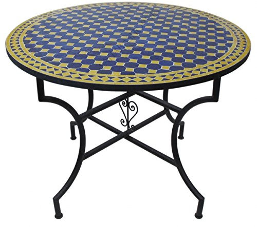 Saharashop Orientalischer Mosaiktisch Rund Ø 100 cm Blau-Gelb, Terrassentisch, Gartentisch, Mediterraner Fliesentisch, Beistelltisch-Handarbeit, Balkontisch Bistrotisch Kaffeetisch