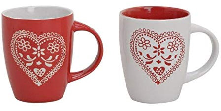 2 Tassen Becher aus Keramik Herzdekor rot/weiss sortiert 250ml Höhe 10cm