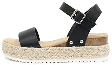 SODA Damen Espadrille Sandalen mit offenem Zehenbereich und Knöchelriemen, schwarz, 38.5 EU