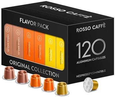 ROSSO CAFFÈ 120 Nespresso Machine Compatible Capsules, Flavour Pack (Vanilla, Caramel & Creme Brulee), Aluminium Coffee Pods, Compatible with Original Machines
