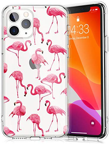 ZQ-Link Clear Case with Pattern Design for iPhone 11 Pro Max 6.5 Inch 2019, Raised Edges Hard PC Back + Soft TPU Bumper Protective Phone Cover for iPhone 11 Pro Max - Flamingos