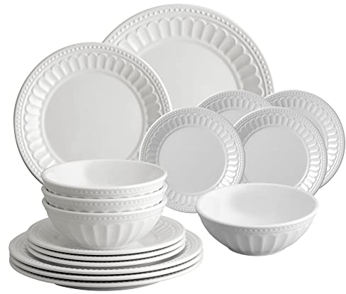 UP ware Chateau Service de table 16 pièces en mélamine pour 4 personnes, assiettes et bols, blanc