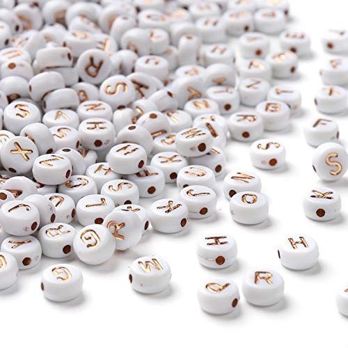 HERZWILD 1000pz Acrilico Lettera Perline Bianche Rotondo Acrilico Perle 4x7 mm oro rosa Piatte Tondo Bead per Braccialetti Collane Creazione di Gioielli Fai da Te