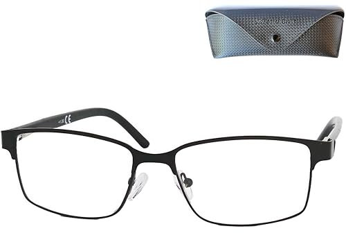 Dünne Metall Anti Blaulicht Brille Lesebrille mit rechteckigen Gläsern, Gratis Etui, Edelstahl Brillengestell (Schwarz), Blaulichtfilter Brille Herren und Damen 1.5 Dioptrien