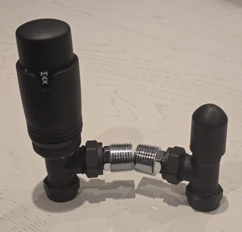 Teams Matt Black Angled Thermostatic Radiator Valves TRV & Lockshield 15mm x 1/2 Pack Set
