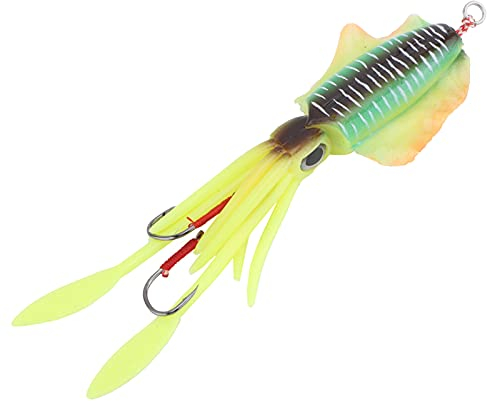 CHICIRIS Tintenfisch Angelköder, Künstliche Angeln UV Tintenfisch Weicher Köder Luminous Octopus Wobbler Köder Tintenfisch Angeln Simulation Köder(Gelbgrün) fishinghook Gelbgrün