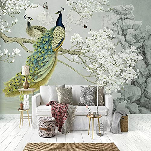 Fototapete Tapeten Pfau Weiße Blütenzweig Fototapeten Wandbild Motivtapeten Vlies-Tapeten Wandtapete Tapete Wohnzimmer Schlafzimmer Wallpaper Wandbild 250x175cm