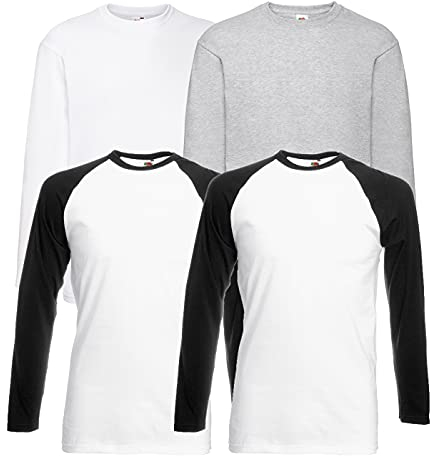 Fruit of the Loom 4 T Shirt Longsleeve Baseball T M L XL XXL Langarm (L, 2 Base Whiteblack + 1LS Weiss + 1LS Grau + 1 HLKauf Notizblock)
