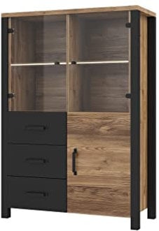 Furniture24 Vitrine OLIN 44 Wohnzimmerschrank 3 Türiger 3 Schubkladen Appenzeller Fichte/Schwarz matt Vitrinenschrank Schrank (mit Beleuchtung)