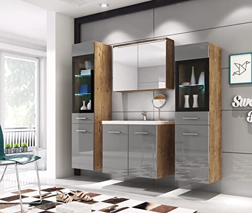 PIASKI Udine Badezimmermöbel-Set, Waschbecken, Badezimmermöbel, Hochschrank, Waschbecken, Spiegel, Glasschrank, Siphon und Waschbecken im Lieferumfang enthalten (Kastanie/Gloss Grey)