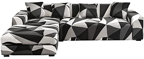 ShowyLive Sofa Überzug Couch Überzug 2er Set für Ecksofa L-Form Sofabezug 3 Sitzer+3 Sitzer, mit 4 Stück Kissenbezug, Grau Schwarz Weiß