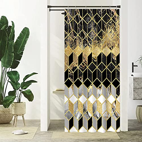 Uiiooazy Tenda Doccia Marmo Nera, Tenda da Doccia Piccola Grigio e Oro Geometrico Tenda per Doccia Antimuffa Impermeabile Tessuto in Poliestere Lavable Tenda per Vasca da Bagno con 6 Ganci 90Lx180Acm