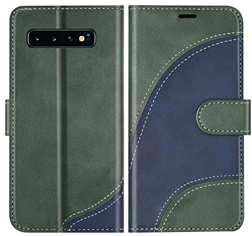 BoxTii Hülle für Samsung Galaxy S10 Plus, PU Leder Handyhülle für Galaxy S10 Plus, Ledertasche Klapphülle Schutzhülle mit Kartenfächer und Magnetverschluss, Grün