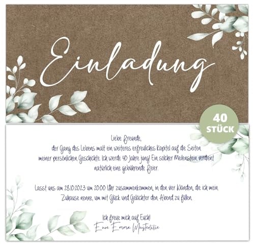 Eummel 40 Einladungskarten Einladung zur Hochzeit Taufe Einladung Geburtstag 30 40 50 60 70 Kommunion klassisches Design DIN lang ohne Umschläge