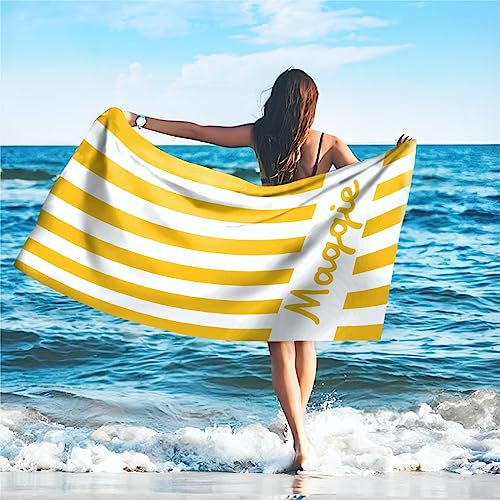 SearchI Personalisiertes Strandtuch mit Individuellem Namen 76X152cm,Schnell Trocknendes Mikrofaser Strandtuch Bequem und Weich Badehandtuch für Strand, Reise, Sauna(Gelber Streifen)