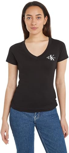 Calvin Klein Jeans Camiseta de Manga Corta Pack de 2 Mujer 2-Pack Monologo V-Neck tee Cuello de Pico, Negro (CK Black/Bright White), XXS