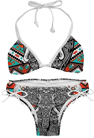 suojapuku Damen Triangel Bikini Badeanzug,Boho bunter Blumenelefant,Badeanzug-Set mit Raffhalter