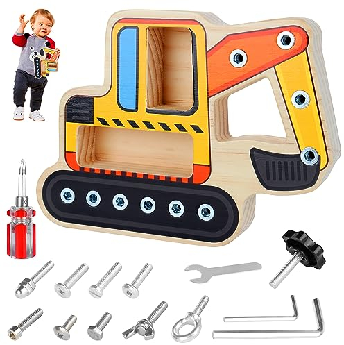 FENYW Montessori Holz Schraubbrett, Busy Board Montessori Holz, Schraubbrett Kinder Holz, Montessori Spielzeug ab 3 4 5 6 Jahre Kinder Lernspielzeug Geschenke für Jungen Mädchen(Bagger)