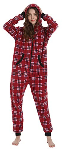 Focupaja Onesie Adulte Pyjama de Noël à Carreaux Fermeture éclair à Capuche Vêtements de Nuit pour la Famille Femmes Hommes Rouge S