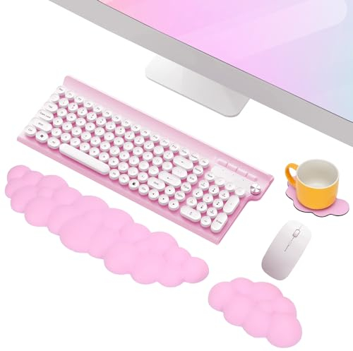 Mardiko Cloud Mouse & Keyboard Support, Memory Foam Wrist Rest with Anti-Skid Coasters, Ergonomic Pad for Office, Home, Games, Pink