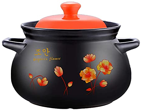 Ceramic Deep Casserole Dish,Earthen Pot Flower Pattern Clay Pot Soup Pot With Lid Heat-Resistant Healthy Cookware for Slow Cooking Black,Black black-10L