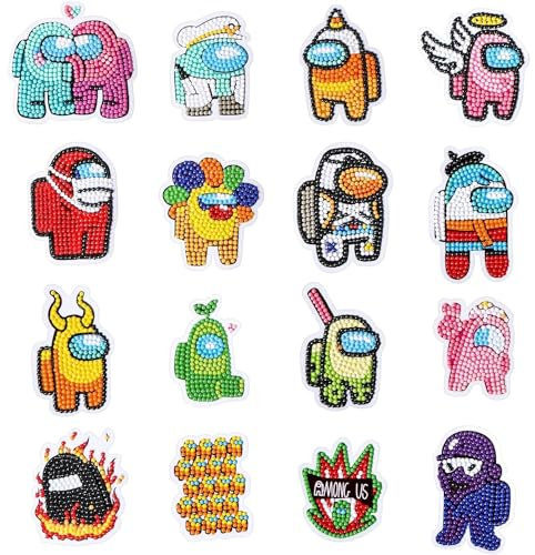 Pintura Diamante Niños, 16 PCS DIY 5d Diamante Stickers Kit, Pegatinas Pintura Diamantes, Mosaicos Dibujo de Diamantes Pegatinas para Niños y Adultos Principiantes