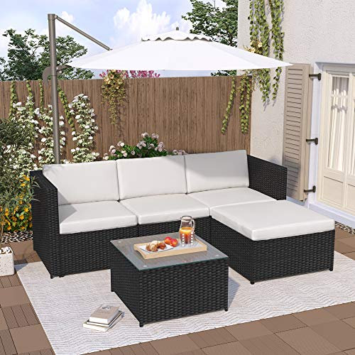 Merax Polyrattan Lounge, Gartenmöbel Set Balkonmöbel für 3-4 Personen, Gartenlounge, Sitzgruppe Outdoor mit Kissen und Glastisch, Terrassenmöbel, Ecksofa, für Garten Balkon und Terrasse, Schwarz