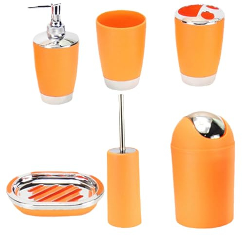 Bathroom Accessory Set 6Pcs Bathroom Soap Dispenser Set Includes Soap Dispenser & Dish Toothbrush Holder Trash Can Tumbler Toilet Brush Bathroom Set Toothbrush Holder Set Orange Bathroom Set