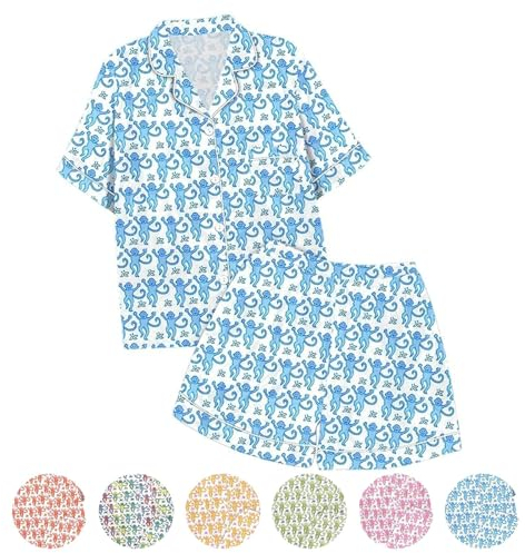ERGRFHNL Womens 2 Piece Roller Rabbit Pajamas Cute Monkey Pajamas Preppy Kids Set Roller Rabbit Pjs Roller Rabbit Pajamas Dupes (Blue,150)