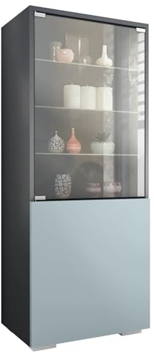 Vladon Vitrine Granada, Made in Germany, Vitrinenschrank mit Glastür und Glaseinsatz, Anthrazit matt/Denim matt (50 x 122,5 x 34,5 cm)