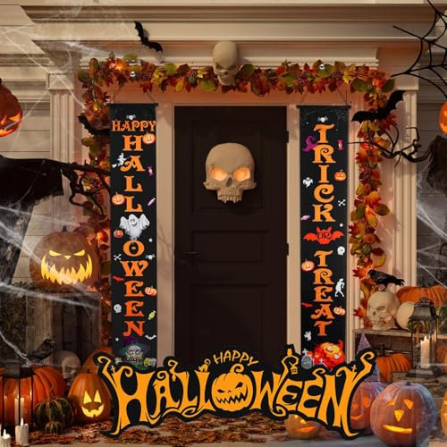 2 Stück Halloween Veranda Banner, Halloween Süßes oder Saures Banner, Halloween Türdekorationen Hocus Pocus, Haustür Veranda Banner, Halloween-Hängeschild für Zuhause, Büro, Hinterhof, Garten