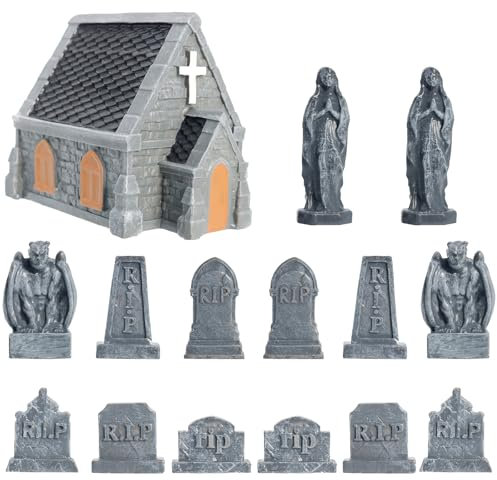 Rileryan 15 PCS Miniature Church Tombstones Gargoyle Virgin Figurines DIY Graveyard Scenes for Halloween Village Decorations Accessories Cemetery Terrain Scenery