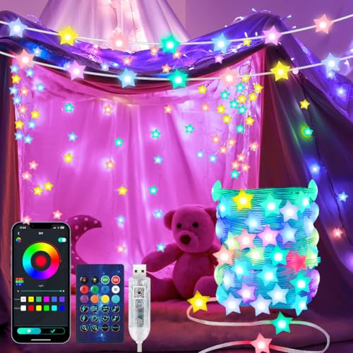 AUAUY Smart USB LED Stern Lichterkette Innen, 10M 66 LED Stern Lichterketten mit Fernbedienung, Farbwechsel Stern Lichterkette APP Musik fur Zimmer Party Hochzeit Weihnachtsbaum Outdoor Garten Deko