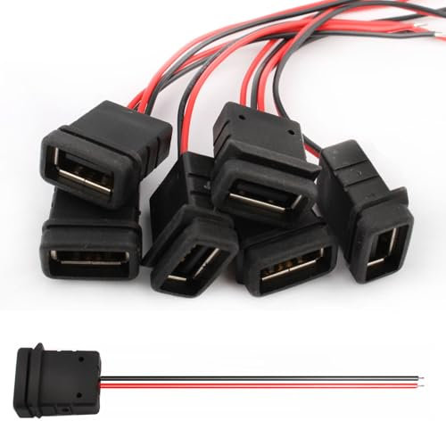 VISSQH 6 Pezzi USB A Femmina connettore,2 pin 3A presa USB A a Saldare,2 fili USB A montaggio a pannello connettore 24AWG Micro USB A Femmina Jack cavo